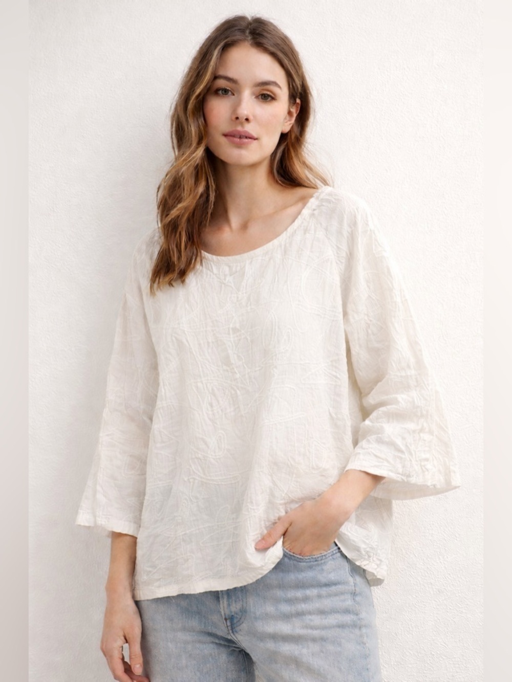 White Textured Boho Blouse 3/4 Sleeve Tie Neck Top Approx M